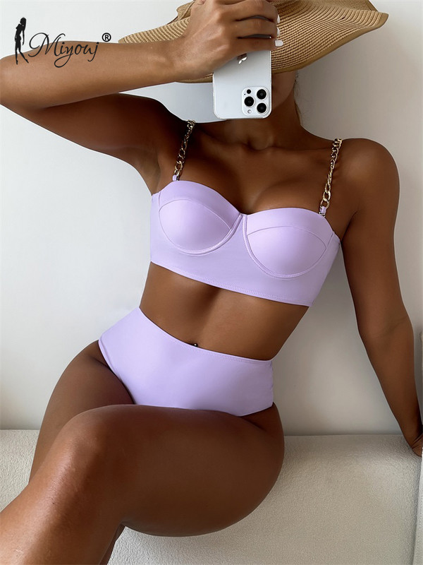 Miyouj Bikini cu talie înaltă Costum de baie Push Up Costum de baie cu lanț pentru femei Costum de baie solid mozaic Biquini brazilian Îmbrăcăminte de vară pentru plajă