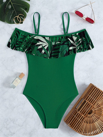 Plant Print One Piece Suits String Γυναικεία μαγιό 2023 Σέξι κορμάκι Flounce Μαγιό Ψηλόμεσο μαγιό