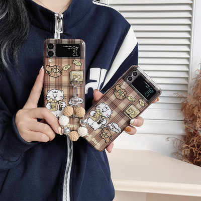 Aranyos koreai kötő gyöngyök karkötő barna kockás macska telefontok Galaxy Z Flip3 5G Z Flip3 Zflip3 Flip4 Zflip4 borító Funda készülékhez