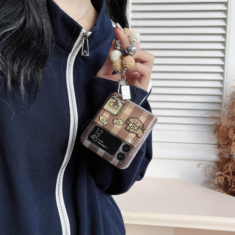 Slatka korejska narukvica od perli za pletenje Smeđa karirana mačka telefonska torbica za Galaxy Z Flip3 5G Z Flip3 Zflip3 Flip4 Zflip4 maska Funda