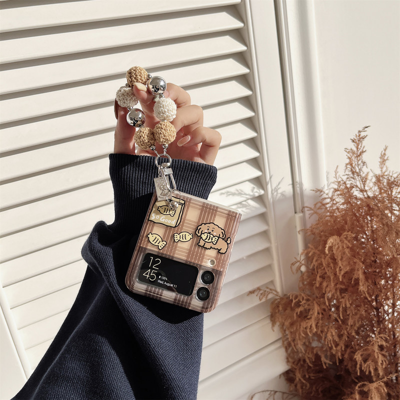 Slatka korejska narukvica od perli za pletenje Smeđa karirana mačka telefonska torbica za Galaxy Z Flip3 5G Z Flip3 Zflip3 Flip4 Zflip4 maska Funda