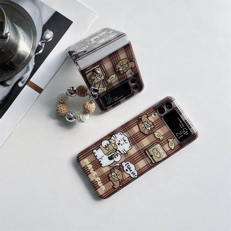 Slatka korejska narukvica od perli za pletenje Smeđa karirana mačka telefonska torbica za Galaxy Z Flip3 5G Z Flip3 Zflip3 Flip4 Zflip4 maska Funda