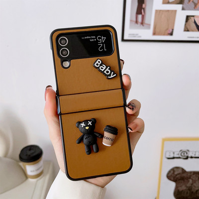 Luksuslik Korea 3D Bear Cartoon Patch nahast telefoniümbris Samsung Galaxy Z Flip3 4 5G Z Flip3 Zflip3 Z flip4 pehme kaanega Funda
