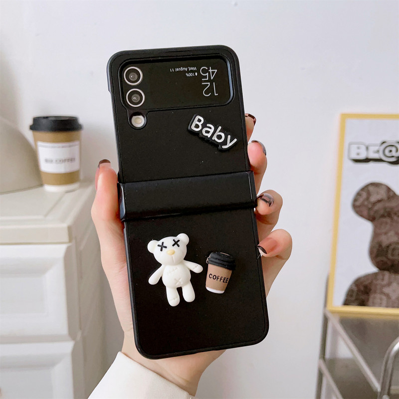 Luksuslik Korea 3D Bear Cartoon Patch nahast telefoniümbris Samsung Galaxy Z Flip3 4 5G Z Flip3 Zflip3 Z flip4 pehme kaanega Funda