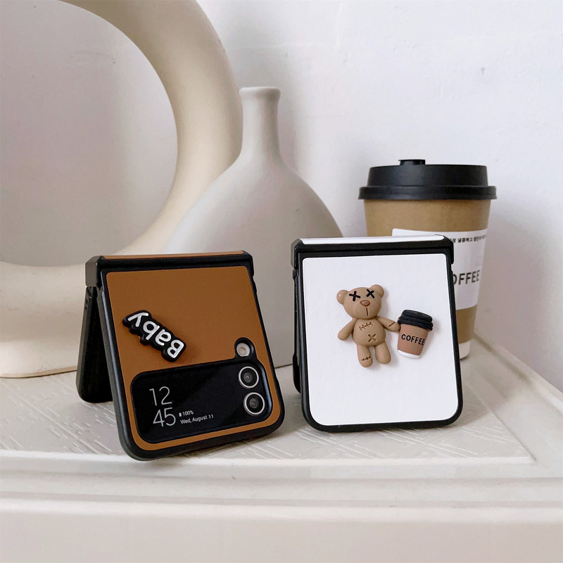 Luksuslik Korea 3D Bear Cartoon Patch nahast telefoniümbris Samsung Galaxy Z Flip3 4 5G Z Flip3 Zflip3 Z flip4 pehme kaanega Funda