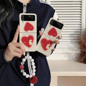 Slatka Ins korejska narukvica s kuglicama dlake, crveno ljubavno srce, telefonska torbica za Galaxy Z Flip3 5G Z Flip3 Zflip3 Flip4 Zflip4 poklopac Funda