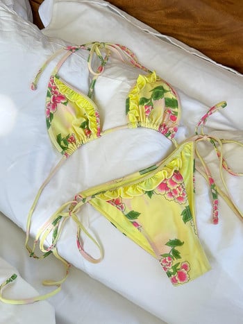 Miyouj Flounce Bikini Bandage Μαγιό Γυναικεία Σέξι Σετ μπικίνι 2023 Μαγιό με λουλουδάτο τύπωμα Triangle Beachwear Thong Biquini