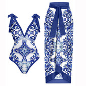 Kék Vintage fürdőruha egyrészes fürdőruha Cover Up divatos nyomott bikini szett Deep-v Strandwear Nyári Strandruha Backless