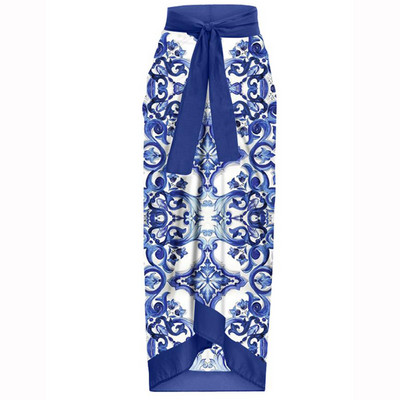 Kék Vintage fürdőruha egyrészes fürdőruha Cover Up divatos nyomott bikini szett Deep-v Strandwear Nyári Strandruha Backless