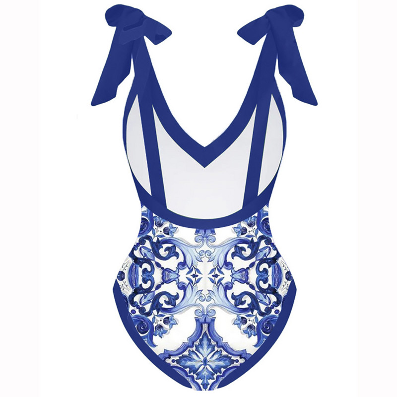 Kék Vintage fürdőruha egyrészes fürdőruha Cover Up divatos nyomott bikini szett Deep-v Strandwear Nyári Strandruha Backless