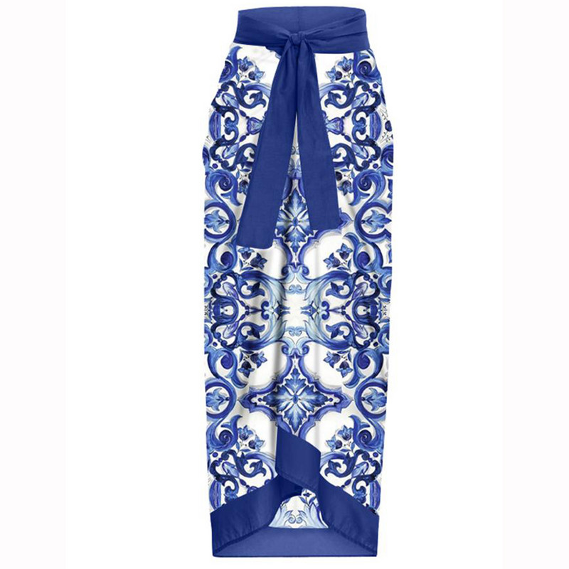 Kék Vintage fürdőruha egyrészes fürdőruha Cover Up divatos nyomott bikini szett Deep-v Strandwear Nyári Strandruha Backless