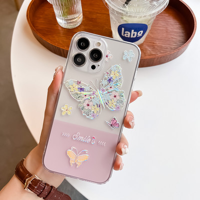 Θήκη 3D Floral για iPhone 14 13 12 11 Pro Max XS XR SE 8 Plus Κάλυμμα ανάγλυφο ανάγλυφο Butterfly Cute Clear Soft Phone Shell Fundas