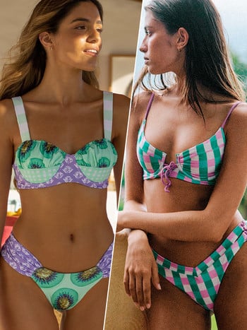 Miyouj Bikinis con Cuello de Escote Profundo, Traje de Baño con Estampado Floral, Bikini con Lazo, Conjunto de Bikini con Cordones. Mujer