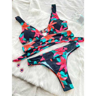 Miyouj Bikini Cuello de Escote Profundóval, Traje de Baño Estampado Floral, Bikini Lazoval, Conjunto de Bikini Cordones-szal. Mujer