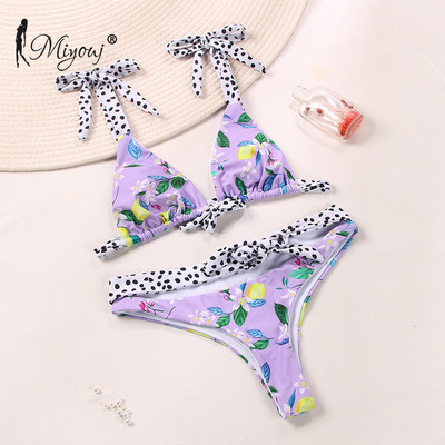 Miyouj Bikini Cuello de Escote Profundóval, Traje de Baño Estampado Floral, Bikini Lazoval, Conjunto de Bikini Cordones-szal. Mujer