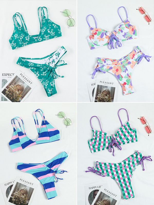 Miyouj Bikini Cuello de Escote Profundóval, Traje de Baño Estampado Floral, Bikini Lazoval, Conjunto de Bikini Cordones-szal. Mujer