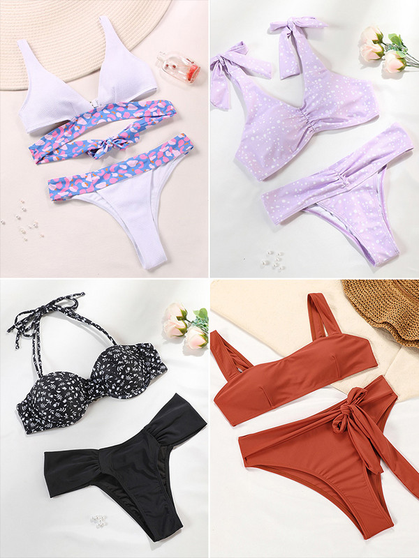 Miyouj Bikini Cuello de Escote Profundóval, Traje de Baño Estampado Floral, Bikini Lazoval, Conjunto de Bikini Cordones-szal. Mujer