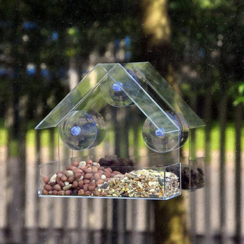 Акрилна прозрачна хранилка за птици, монтирана на вендуза, къщичка за птици, инструмент за хранене с храна кормушка для птиц