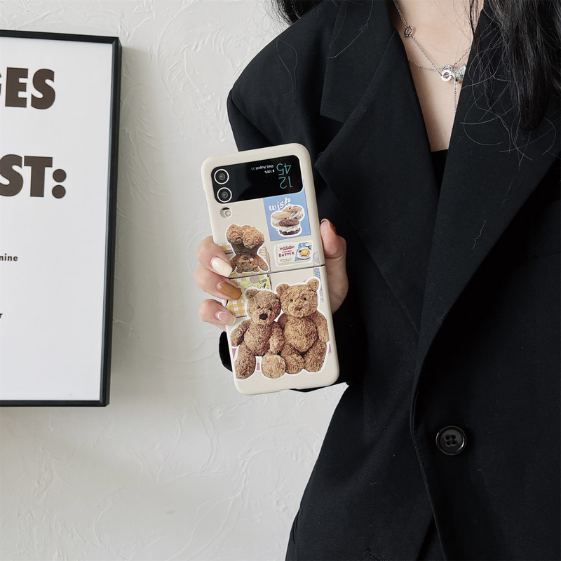 Κορεάτικη χαριτωμένη εικονογράφηση Cartoon Bear Case Phone with Beads Ring Chain for Samsung Galaxy Z Flip 3 4 5G Z Flip3 4 Zflip3 Cover
