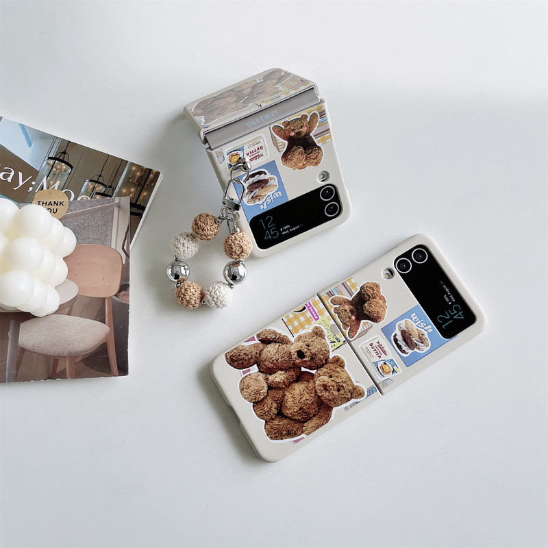 Κορεάτικη χαριτωμένη εικονογράφηση Cartoon Bear Case Phone with Beads Ring Chain for Samsung Galaxy Z Flip 3 4 5G Z Flip3 4 Zflip3 Cover