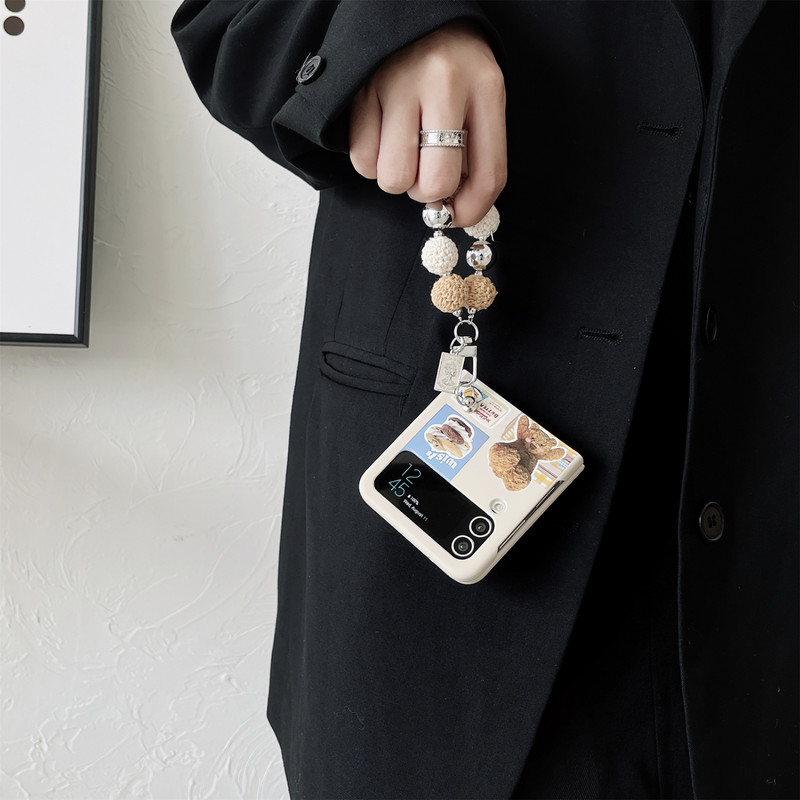 Κορεάτικη χαριτωμένη εικονογράφηση Cartoon Bear Case Phone with Beads Ring Chain for Samsung Galaxy Z Flip 3 4 5G Z Flip3 4 Zflip3 Cover
