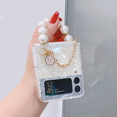 Κορεάτικη θήκη με κοχύλι για βραχιόλια πολυτελείας Pearl Camellia Beads για Samsung Galaxy Z Flip 3 5G Z Flip3 Zflip3 Z Flip4 Πίσω κάλυμμα