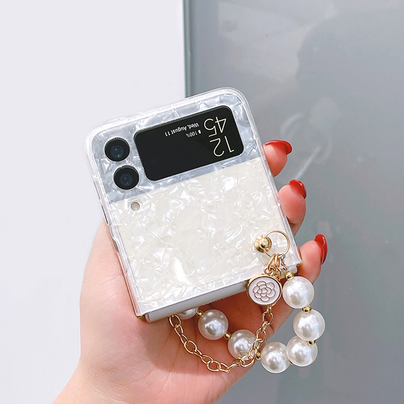 Κορεάτικη θήκη με κοχύλι για βραχιόλια πολυτελείας Pearl Camellia Beads για Samsung Galaxy Z Flip 3 5G Z Flip3 Zflip3 Z Flip4 Πίσω κάλυμμα