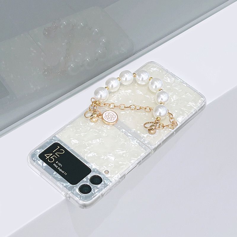 Κορεάτικη θήκη με κοχύλι για βραχιόλια πολυτελείας Pearl Camellia Beads για Samsung Galaxy Z Flip 3 5G Z Flip3 Zflip3 Z Flip4 Πίσω κάλυμμα