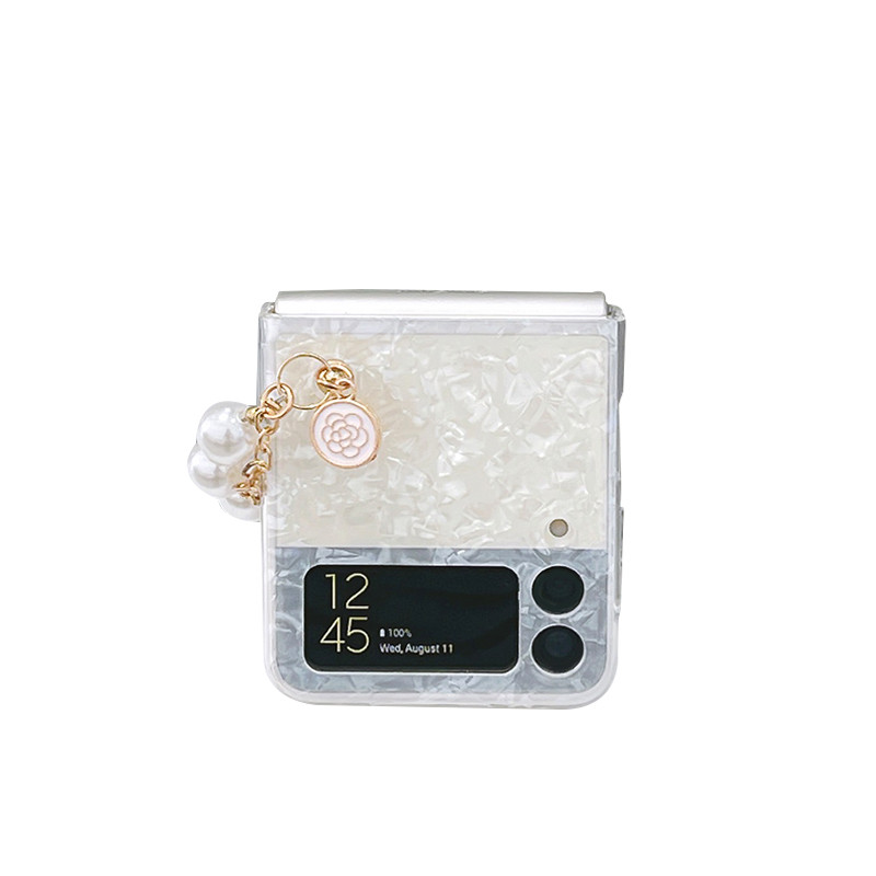 Κορεάτικη θήκη με κοχύλι για βραχιόλια πολυτελείας Pearl Camellia Beads για Samsung Galaxy Z Flip 3 5G Z Flip3 Zflip3 Z Flip4 Πίσω κάλυμμα