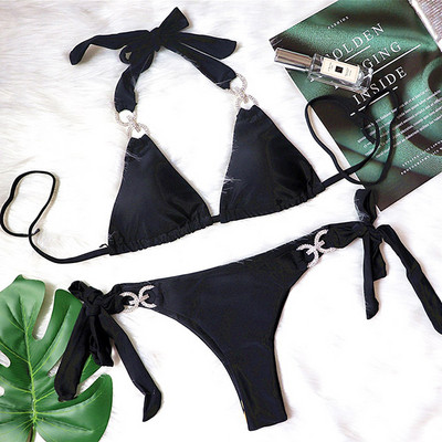 Halter Shiny Crystal Diamond bikini Női fürdőruha Női fürdőruha Kétrészes bikini szett Strasszkő Fürdő push up fürdőruha
