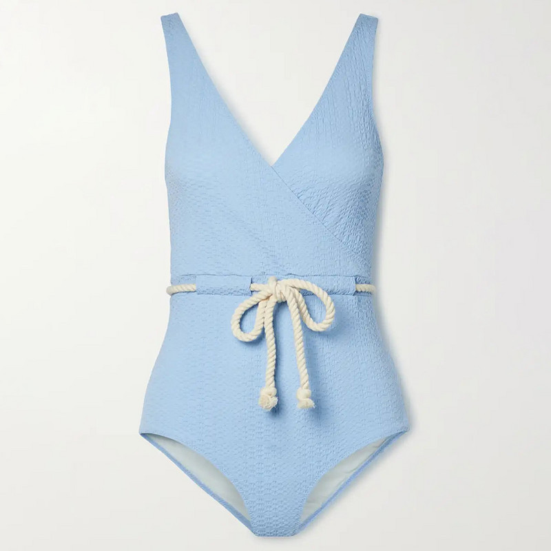 Övös, behúzható hatású Seersucker fürdőruha V-nyakú, egyrészes magas derekú, vékony, elegáns strandruha Szexi, hát nélküli, elegáns bikini