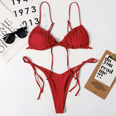 Szexi nyomott, fodros, fodros tanga bikini női fürdőruha Női fürdőruha kétrészes bikini szett Micro String fürdőruha úszó