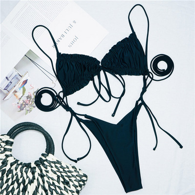 Szexi nyomott, fodros, fodros tanga bikini női fürdőruha Női fürdőruha kétrészes bikini szett Micro String fürdőruha úszó