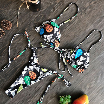 Szexi nyomott, fodros, fodros tanga bikini női fürdőruha Női fürdőruha kétrészes bikini szett Micro String fürdőruha úszó