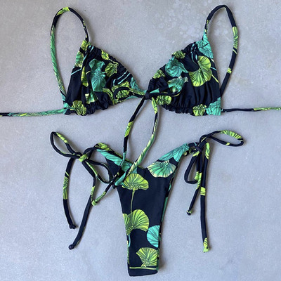 Szexi nyomott, fodros, fodros tanga bikini női fürdőruha Női fürdőruha kétrészes bikini szett Micro String fürdőruha úszó