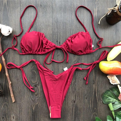Szexi nyomott, fodros, fodros tanga bikini női fürdőruha Női fürdőruha kétrészes bikini szett Micro String fürdőruha úszó