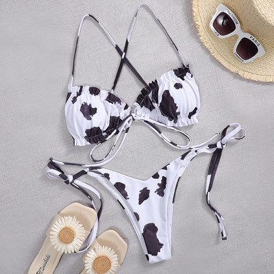 Szexi nyomott, fodros, fodros tanga bikini női fürdőruha Női fürdőruha kétrészes bikini szett Micro String fürdőruha úszó
