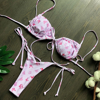 Szexi nyomott, fodros, fodros tanga bikini női fürdőruha Női fürdőruha kétrészes bikini szett Micro String fürdőruha úszó