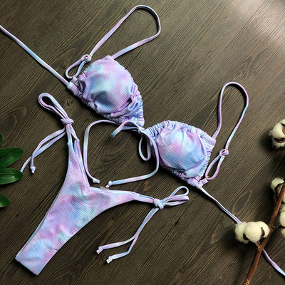 Szexi nyomott, fodros, fodros tanga bikini női fürdőruha Női fürdőruha kétrészes bikini szett Micro String fürdőruha úszó