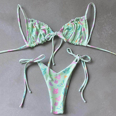 Szexi nyomott, fodros, fodros tanga bikini női fürdőruha Női fürdőruha kétrészes bikini szett Micro String fürdőruha úszó