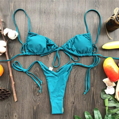 Szexi nyomott, fodros, fodros tanga bikini női fürdőruha Női fürdőruha kétrészes bikini szett Micro String fürdőruha úszó