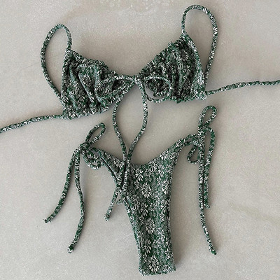 Szexi nyomott, fodros, fodros tanga bikini női fürdőruha Női fürdőruha kétrészes bikini szett Micro String fürdőruha úszó