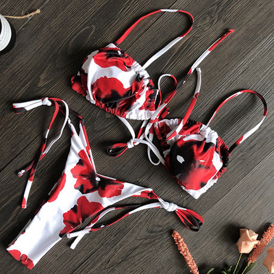 Szexi nyomott, fodros, fodros tanga bikini női fürdőruha Női fürdőruha kétrészes bikini szett Micro String fürdőruha úszó
