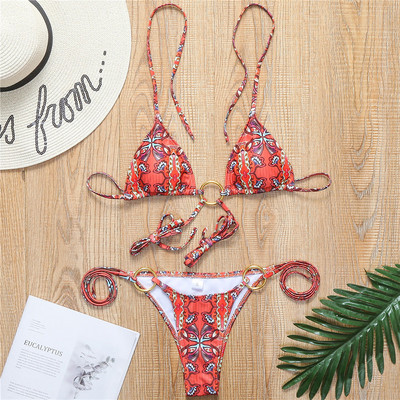 Sexy Wrap Around Bikini Halter Costum de baie Femei Brazilian Costum de baie Două piese Set bikini Inele metalice Costum de baie Swim Lady