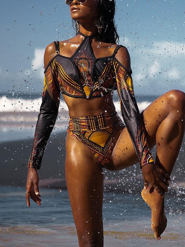 Afrikai nyomtatású, hosszú ujjú, magas derekú bikini női fürdőruha, női fürdőruha, kétrészes bikini, váll fürdőruha úszás