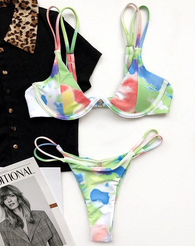 Sexy Tie Dye Thong Bikini 2020 Γυναικεία μαγιό Γυναικείο μαγιό Σετ μπικίνι δύο τεμαχίων V-Bar Wired Push Up Bather Μαγιό
