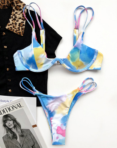 Sexy Tie Dye Thong Bikini 2020 Γυναικεία μαγιό Γυναικείο μαγιό Σετ μπικίνι δύο τεμαχίων V-Bar Wired Push Up Bather Μαγιό