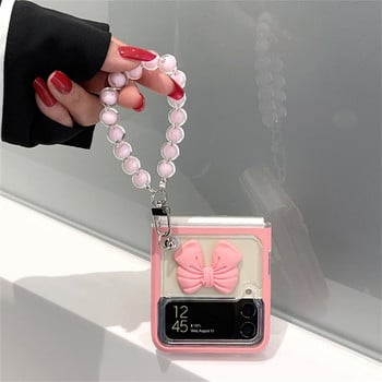 Корейски прозрачен розов 3D Love Bow Beads Wrist Bracelet Case за Samsung Galaxy Z Flip 3 5G Z Flip3 Zflip3 Zflip4 Flip 4 Cover