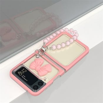 Корейски прозрачен розов 3D Love Bow Beads Wrist Bracelet Case за Samsung Galaxy Z Flip 3 5G Z Flip3 Zflip3 Zflip4 Flip 4 Cover