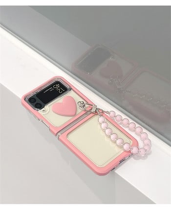 Корейски прозрачен розов 3D Love Bow Beads Wrist Bracelet Case за Samsung Galaxy Z Flip 3 5G Z Flip3 Zflip3 Zflip4 Flip 4 Cover